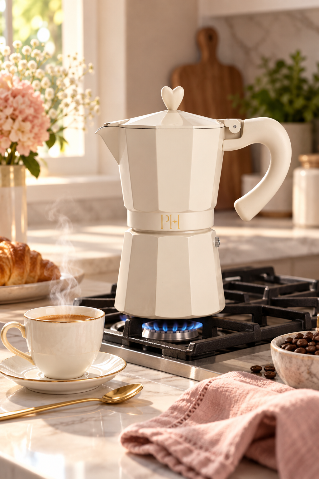 A cream faceted stovetop espresso maker with a heart-shaped lid knob and gold PH detail sits over a blue gas flame on a black cooktop in a bright, warm kitchen. In the foreground, a steaming cream espresso cup with a gold rim rests on a matching saucer beside a gold spoon and soft pink napkin. A bowl of coffee beans, croissant, pale pink flowers, greenery, cutting board, and softly blurred countertop decor create a cozy morning coffee scene. No promotional text appears.