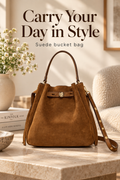 Caramel suede bucket bag in a warm neutral interior with the headline Carry Your Day in Style.