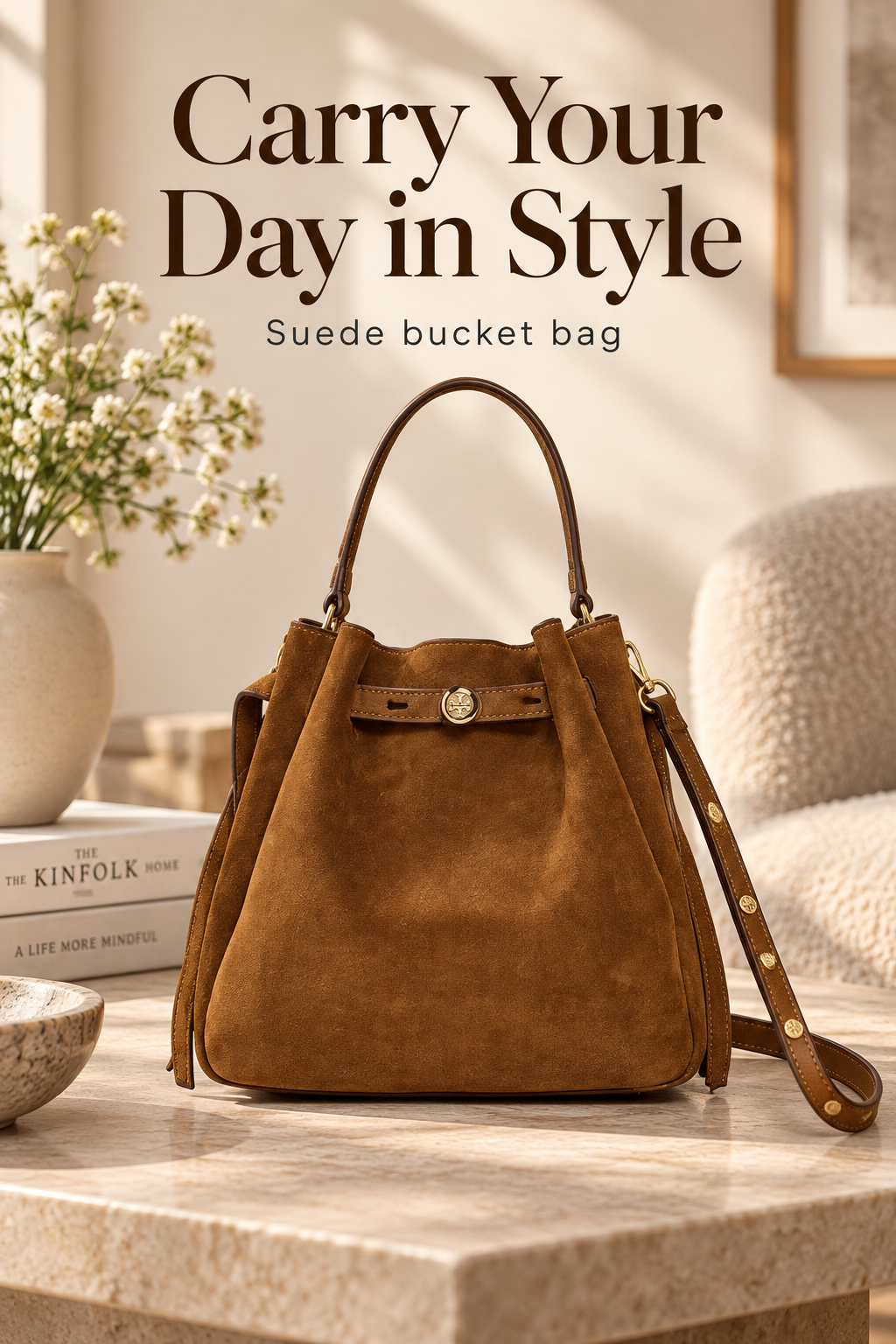 Caramel suede bucket bag in a warm neutral interior with the headline Carry Your Day in Style.