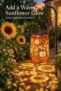 Sunflower solar garden lantern hanging from a shepherd hook in a garden at dusk with the headline “Add a Warm Sunflower Glow.”