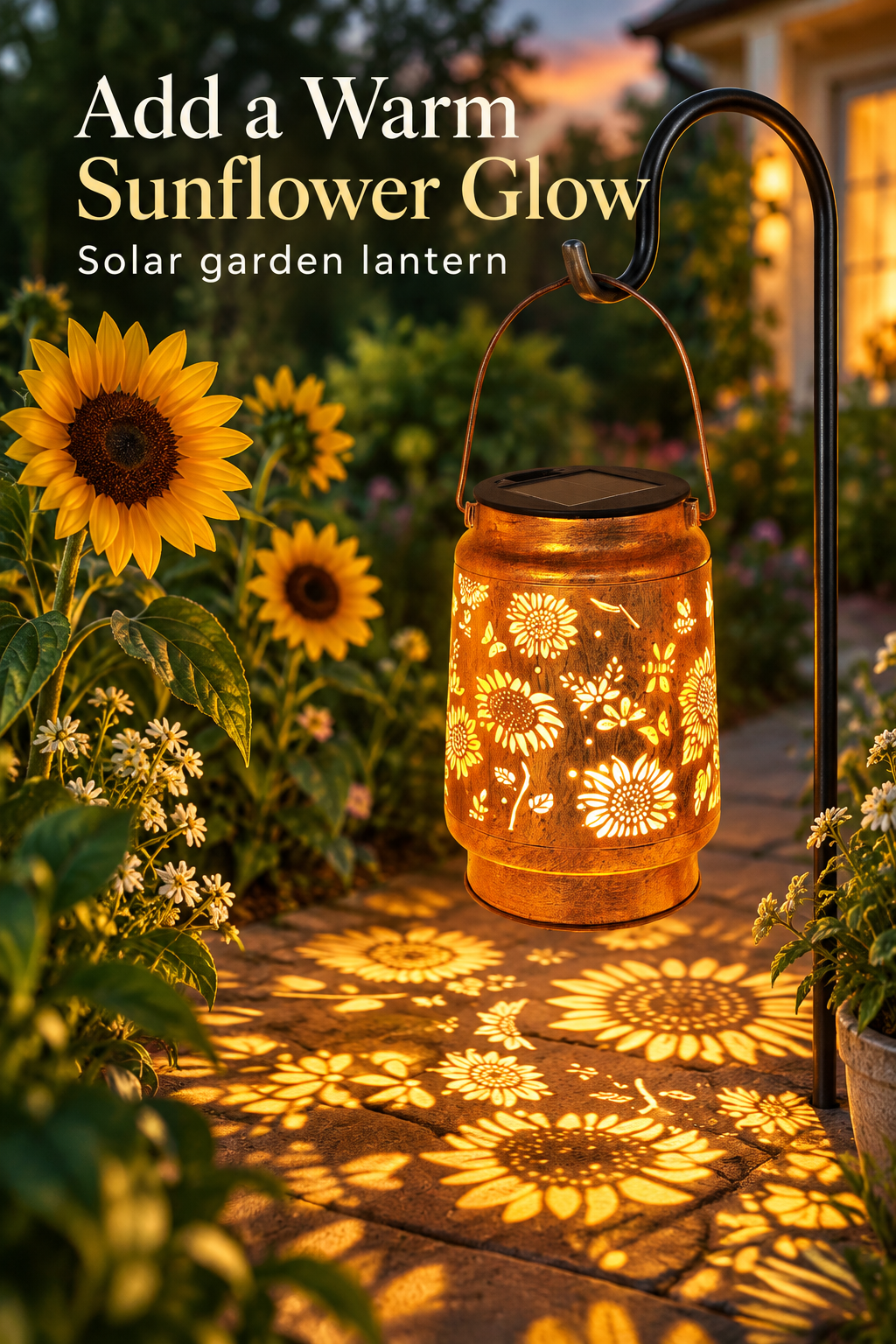 Sunflower solar garden lantern hanging from a shepherd hook in a garden at dusk with the headline “Add a Warm Sunflower Glow.”