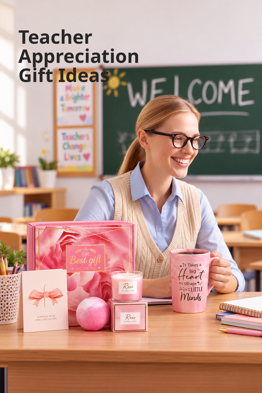 Vertical Pinterest image showing a smiling teacher in black glasses, a light blue shirt and beige knit vest seated at a classroom desk. In front of her is a coordinated pink teacher gift set with a rose-patterned gift box, pink mug with a teacher quote, rose candle, round bath bomb and greeting card, beside notebooks and pencils. A chalkboard and classroom decor blur in the background, while the top-left headline reads “Teacher Appreciation Gift Ideas.”