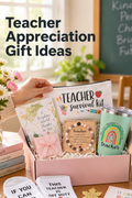 Vertical classroom lifestyle photo with the headline “Teacher Appreciation Gift Ideas” at the top left. A pink gift box rests on a wooden desk while a hand lifts a white “Teacher Survival Kit” pouch. The box shows a seafoam-green teacher tumbler with a rainbow design, a beaded bracelet on a teacher quote card, a floral thank-you card, and a pink ribbon box. Teacher socks and a gold leaf bookmark appear below, with flowers, books, plants, and a chalkboard behind the gift.