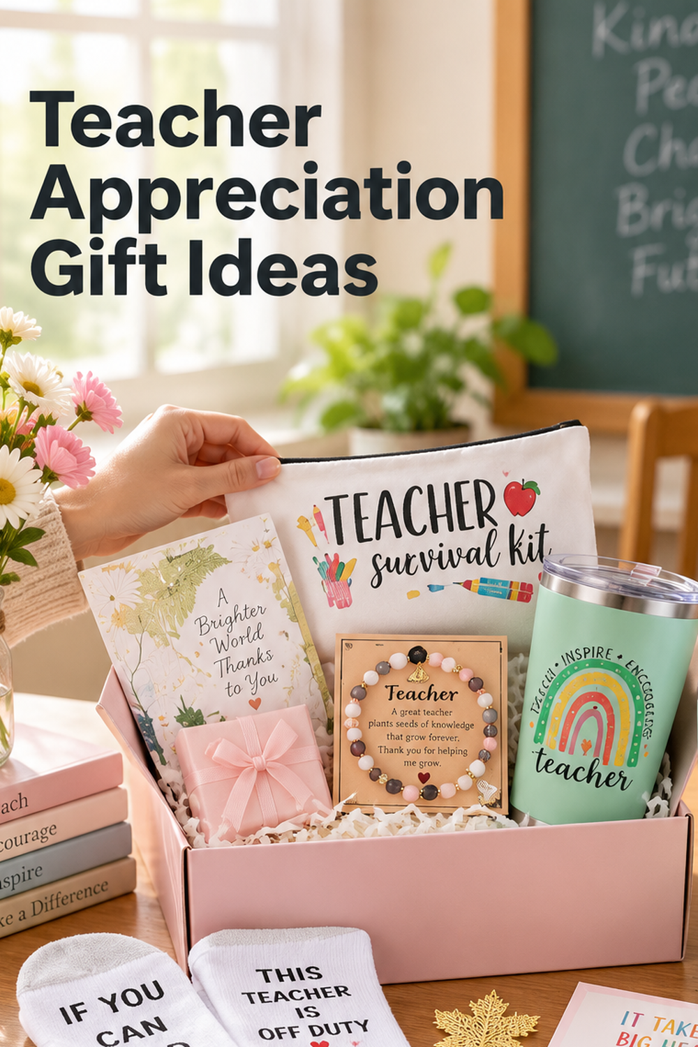 Vertical classroom lifestyle photo with the headline “Teacher Appreciation Gift Ideas” at the top left. A pink gift box rests on a wooden desk while a hand lifts a white “Teacher Survival Kit” pouch. The box shows a seafoam-green teacher tumbler with a rainbow design, a beaded bracelet on a teacher quote card, a floral thank-you card, and a pink ribbon box. Teacher socks and a gold leaf bookmark appear below, with flowers, books, plants, and a chalkboard behind the gift.