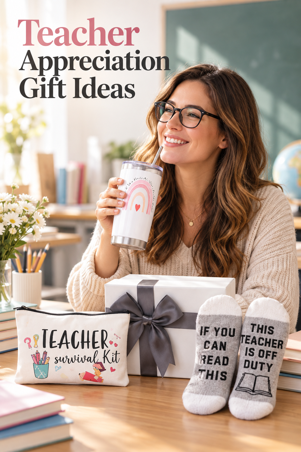 Vertical classroom lifestyle photo with the headline “Teacher Appreciation Gift Ideas” at the top left. A smiling teacher wearing glasses holds a white tumbler with a pastel rainbow design and straw. On the desk are a white gift box tied with a dark gray ribbon, gray socks reading “IF YOU CAN READ THIS / THIS TEACHER IS OFF DUTY,” and a cream “TEACHER survival Kit” pouch with colorful school graphics. Books, flowers, pencils, and a green chalkboard frame the scene.