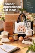 Vertical lifestyle photo of a teacher appreciation gift set on a sunlit classroom desk beneath the headline “Teacher Appreciation Gift Ideas.” A brown floral gift box stands behind a tan teacher journal, white-and-black #Teacherlife tote with flowers, white ceramic “Best Teacher Ever” mug, cream fuzzy socks, amber candle jar, orange bath bomb, two heart-shaped pieces, and a brown wooden scalp massager. Books, pencils, plants, and a chalkboard fill the classroom background.
