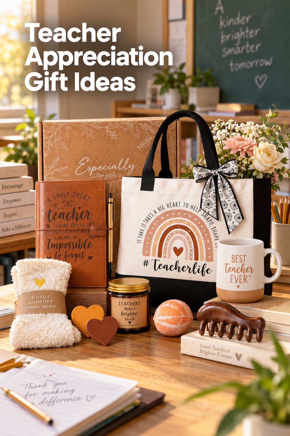 Vertical lifestyle photo of a teacher appreciation gift set on a sunlit classroom desk beneath the headline “Teacher Appreciation Gift Ideas.” A brown floral gift box stands behind a tan teacher journal, white-and-black #Teacherlife tote with flowers, white ceramic “Best Teacher Ever” mug, cream fuzzy socks, amber candle jar, orange bath bomb, two heart-shaped pieces, and a brown wooden scalp massager. Books, pencils, plants, and a chalkboard fill the classroom background.