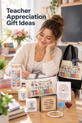 Vertical classroom lifestyle photo of a smiling woman teacher writing at a wooden desk beside a coordinated appreciation gift set. Visible items include a frosted floral TEACHER tumbler with bamboo lid and straw, a black-and-cream floral TEACHER tote, matching zip pouch, candle, framed teacher message, rainbow card, heart accents, beaded bracelet, books, flowers, and plants in a bright classroom. Large top-left headline reads “Teacher Appreciation Gift Ideas.”