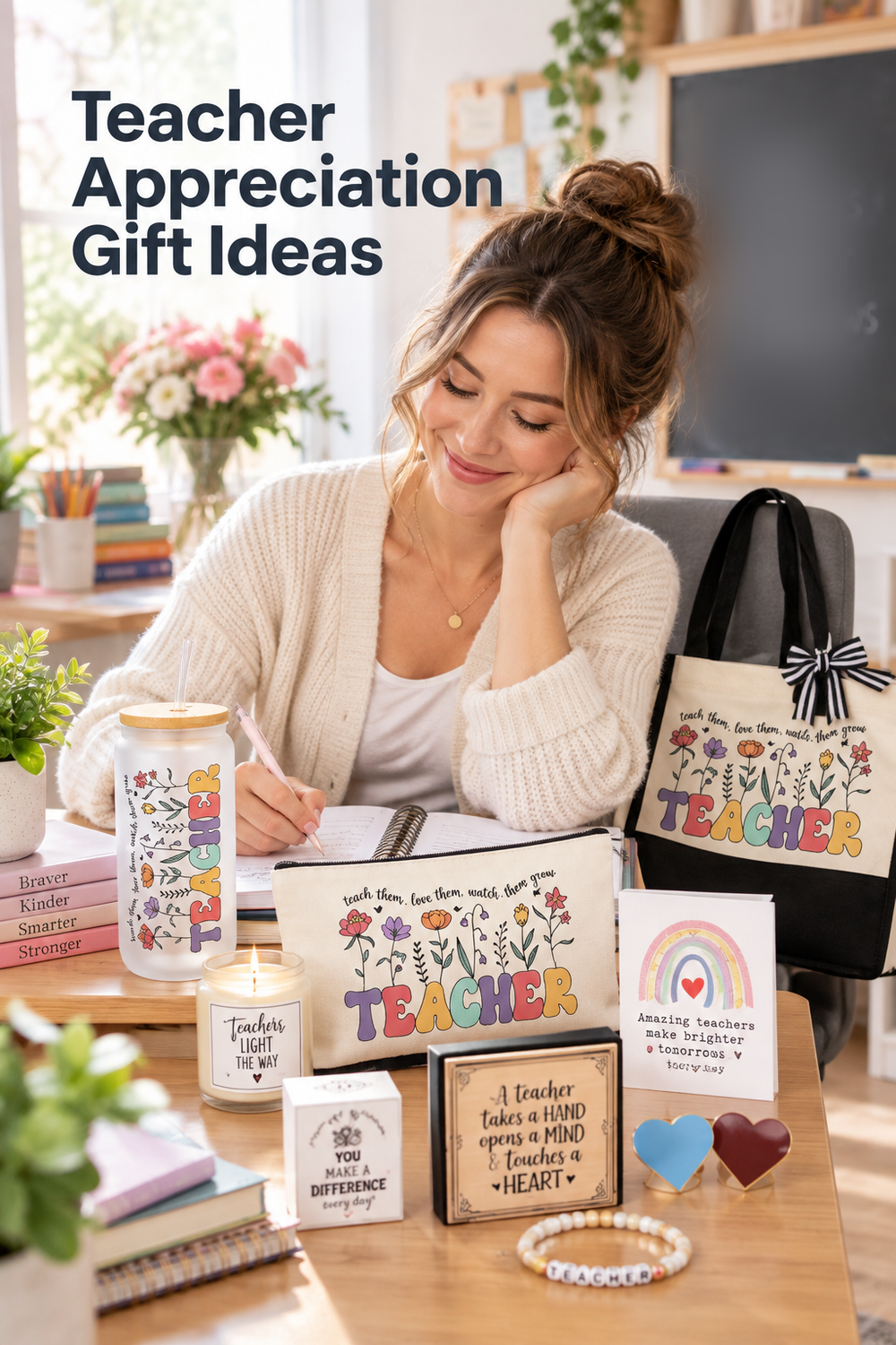 Vertical classroom lifestyle photo of a smiling woman teacher writing at a wooden desk beside a coordinated appreciation gift set. Visible items include a frosted floral TEACHER tumbler with bamboo lid and straw, a black-and-cream floral TEACHER tote, matching zip pouch, candle, framed teacher message, rainbow card, heart accents, beaded bracelet, books, flowers, and plants in a bright classroom. Large top-left headline reads “Teacher Appreciation Gift Ideas.”