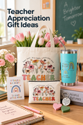 Vertical lifestyle photo of a teacher appreciation gift display on a sunlit classroom desk. An ivory floral tote filled with pink and white tulips sits beside a turquoise stainless tumbler with a metal straw, a matching floral zip pouch, rainbow teacher card, round thank-you keychain, two heart-shaped accents, notebooks, flowers, and a pink pen. A soft-focus chalkboard and classroom shelves fill the background. Headline at top left reads “Teacher Appreciation Gift Ideas.”