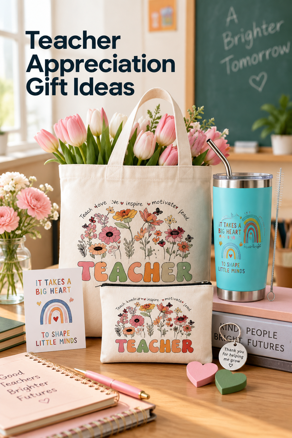 Vertical lifestyle photo of a teacher appreciation gift display on a sunlit classroom desk. An ivory floral tote filled with pink and white tulips sits beside a turquoise stainless tumbler with a metal straw, a matching floral zip pouch, rainbow teacher card, round thank-you keychain, two heart-shaped accents, notebooks, flowers, and a pink pen. A soft-focus chalkboard and classroom shelves fill the background. Headline at top left reads “Teacher Appreciation Gift Ideas.”