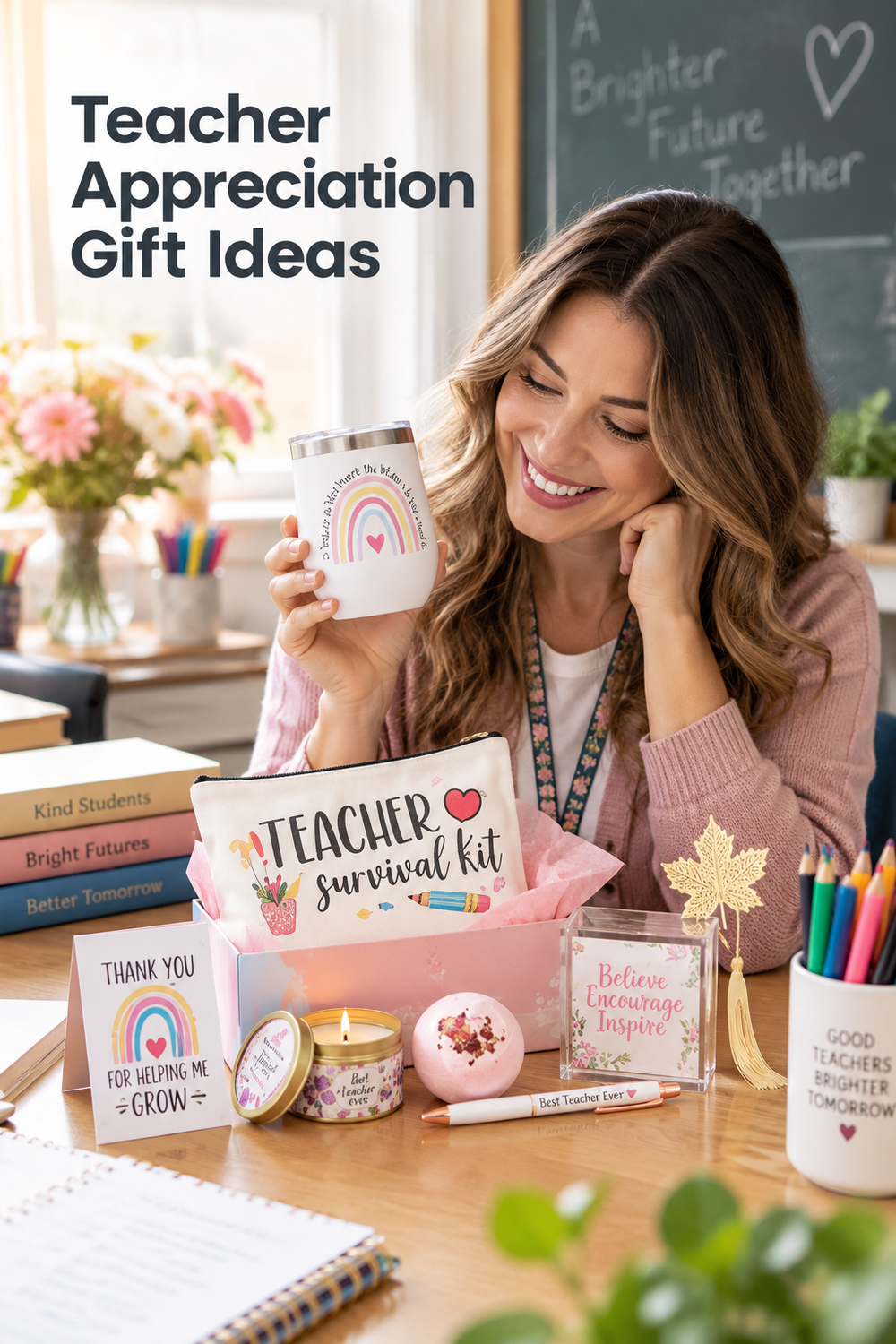 Vertical classroom lifestyle photo with the headline “Teacher Appreciation Gift Ideas” at the top left. A smiling teacher in a pink cardigan holds a white stemless tumbler printed with a pastel rainbow. On the desk, an open pink gift box displays a cream “Teacher Survival Kit” pouch beside a thank-you card, gold tin candle, pink bath bomb, teacher pen and a gold leaf bookmark, with books, pencils, flowers and a chalkboard in the softly lit background.