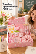 A smiling teacher sits at a sunlit classroom desk opening a pink daisy-patterned gift box with a clear floral glass tumbler with pink bow artwork, a pink crochet flower in a smiling pot, a pink candle, floral bookmark, pink scrunchie, appreciation plaque, and a card reading “THANK YOU for HELPING ME SHINE.” Flowers, pens, books, a globe, notebook, and chalkboard surround the gift in a warm classroom setting. Headline: “Teacher Appreciation Gift Ideas.”