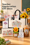Vertical lifestyle photo of a teacher appreciation gift set on a sunlit classroom desk. A cream floral TEACHER tote with black handles and striped bow sits before a matching floral gift box, beside a teacher-themed zip pouch, iced glass tumbler with bamboo lid and straw, lit candle, crochet sunflower, dried-flower card, thank-you cards and keychain. Books, pencils, greenery, a chalkboard and fresh sunflowers frame the scene. Headline reads “Teacher Appreciation Gift Ideas.”