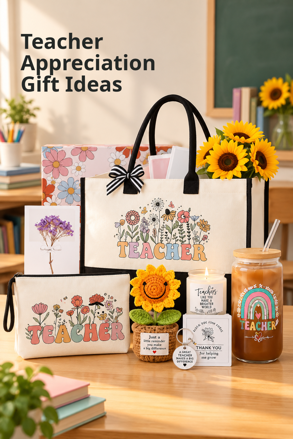 Vertical lifestyle photo of a teacher appreciation gift set on a sunlit classroom desk. A cream floral TEACHER tote with black handles and striped bow sits before a matching floral gift box, beside a teacher-themed zip pouch, iced glass tumbler with bamboo lid and straw, lit candle, crochet sunflower, dried-flower card, thank-you cards and keychain. Books, pencils, greenery, a chalkboard and fresh sunflowers frame the scene. Headline reads “Teacher Appreciation Gift Ideas.”
