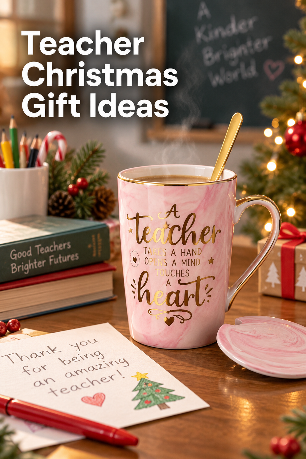 Vertical holiday classroom scene showing a pink marble teacher mug with gold rim, handle, lettering, and a gold spoon, filled with a hot drink on a wooden desk. A matching pink lid rests beside it, with a handwritten thank-you note, red pen, stacked books, pencils, evergreen branches, pinecones, wrapped gifts, and a lit Christmas tree in the background. Large white headline at the upper left reads “Teacher Christmas Gift Ideas.” Warm bokeh lights frame the cozy scene.