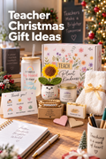 Vertical holiday lifestyle photo with the headline “Teacher Christmas Gift Ideas” at the upper left. A floral Teach Plant Kindness gift box sits on a wooden desk beside a frosted glass tumbler with bamboo lid and straw, a crochet sunflower in a smiling white pot, a lavender candle, white fuzzy socks tied with a gold bow, a beaded TEACHER bracelet, handmade soap, a thank-you card, heart bookmarks, an open planner and pen, with Christmas greenery and warm tree lights behind.