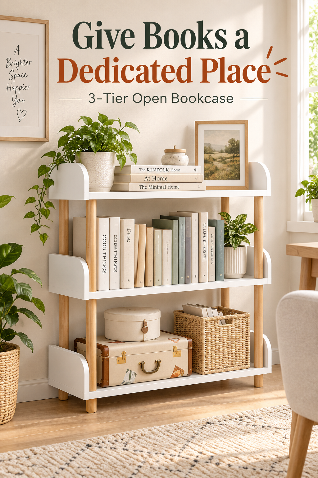Warm white three-tier open bookcase styled with books and storage in a bright room, with the headline Give Books a Dedicated Place.