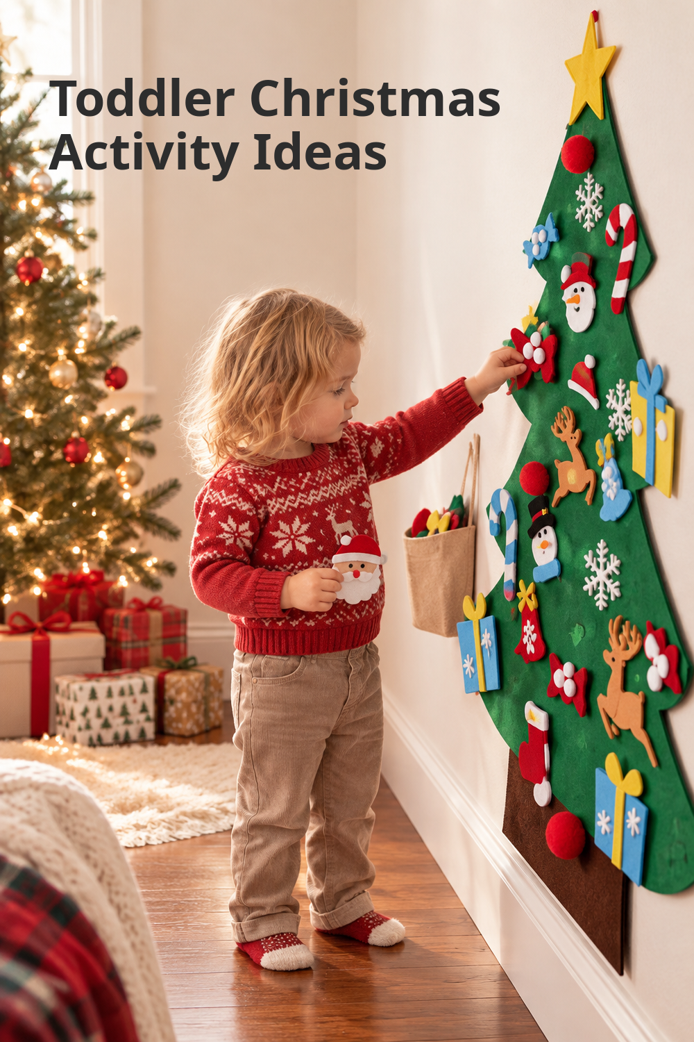 Vertical holiday lifestyle photo showing a toddler in a red Fair Isle sweater and tan pants decorating a large green felt Christmas tree mounted on a cream wall at home. The child holds a Santa ornament while reaching toward colorful felt pieces including snowflakes, candy canes, reindeer, stockings, gifts, and a yellow star topper. A lit Christmas tree and wrapped presents glow in the background. Headline text reads “Toddler Christmas Activity Ideas.”
