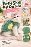 Fluffy kitten wearing a green turtle shell costume in a cozy room, with headline “Turtle Shell Pet Costume.”