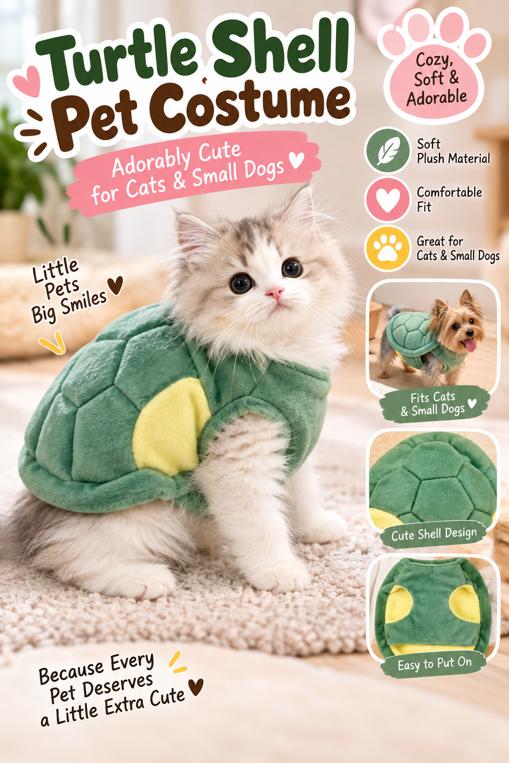 Fluffy kitten wearing a green turtle shell costume in a cozy room, with headline “Turtle Shell Pet Costume.”