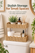 Two-tier beige scalloped rattan bathroom organizer on a toilet tank holding toiletries, towels and toilet paper with the headline Stylish Storage for Small Spaces.