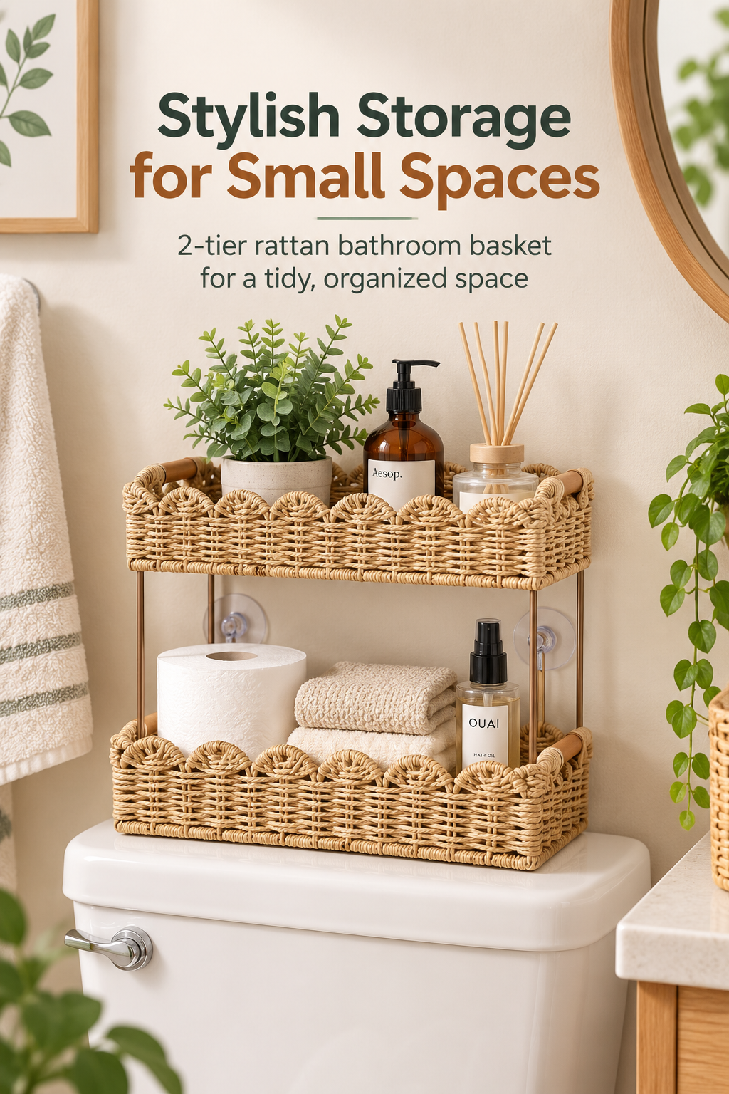 Two-tier beige scalloped rattan bathroom organizer on a toilet tank holding toiletries, towels and toilet paper with the headline Stylish Storage for Small Spaces.
