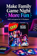 UNO KPop Demon Hunters card game tin and cards in a neon game-night setting with headline Make Family Game Night More Fun