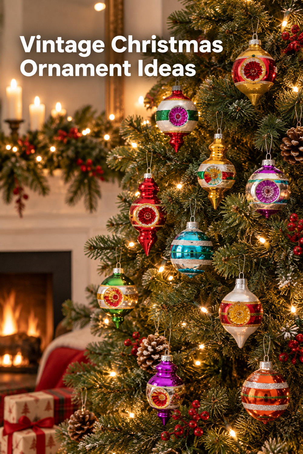 Vertical holiday lifestyle scene showing a warmly lit Christmas tree covered with colorful vintage-style glass reflector ornaments in red, green, purple, gold, turquoise, silver, and white. Several finial and round shapes hang among twinkle lights, red berries, frosted pinecones, and evergreen branches, with a softly blurred fireplace, garland, candles, and wrapped gifts in the background. White headline text at upper left reads “Vintage Christmas Ornament Ideas.”