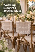 Vertical wedding reception photograph with two wooden cross-back chairs in the foreground, each draped with a sheer ivory lace panel embroidered “Reserved.” Cream and blush floral arrangements, candles, glassware, and softly blurred tables fill the warm garden-style setting behind them. Large white headline text in the upper left reads “Wedding Reserved Seating Ideas,” with the reserved chairs shown clearly as part of the decorated reception setup.