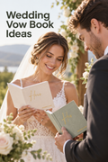 Vertical wedding photograph showing a bride and groom outdoors in warm natural light, each holding an open linen vow book during the ceremony. The bride holds a cream book with gold “Hers” lettering and the groom holds a sage green book with gold “His” lettering; both covers also read “Wedding Vows.” White flowers, greenery, a wooden arch, and softly blurred mountains frame the scene. Large dark headline text at the upper left reads “Wedding Vow Book Ideas.”