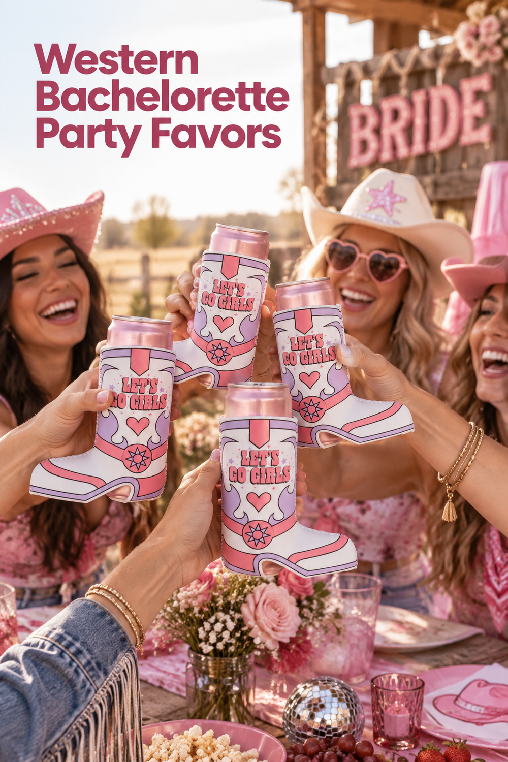Vertical lifestyle photo of four women at a pink western bachelorette party raising slim canned drinks inside white cowboy-boot sleeves with pink and lavender trim, heart and spur-style graphics, and “LET’S GO GIRLS” printed on the fronts. The women wear pink or cream cowboy hats around a rustic outdoor table with roses, pink glasses, snacks, and a small mirrored disco ball. Large pink text at the upper left reads “Western Bachelorette Party Favors.”