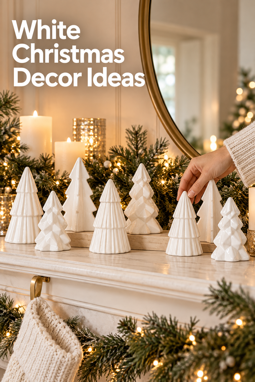 Vertical holiday mantel photo showing eight glossy white ceramic Christmas tree figurines arranged at varied heights on a white mantel among evergreen garland, warm fairy lights, pillar candles, and gold accents. A hand in a cream knit sleeve adjusts one tree near the right side, with a large brass-framed mirror and softly lit Christmas tree in the background. A cream stocking hangs below the mantel. The upper-left headline reads “White Christmas Decor Ideas.”