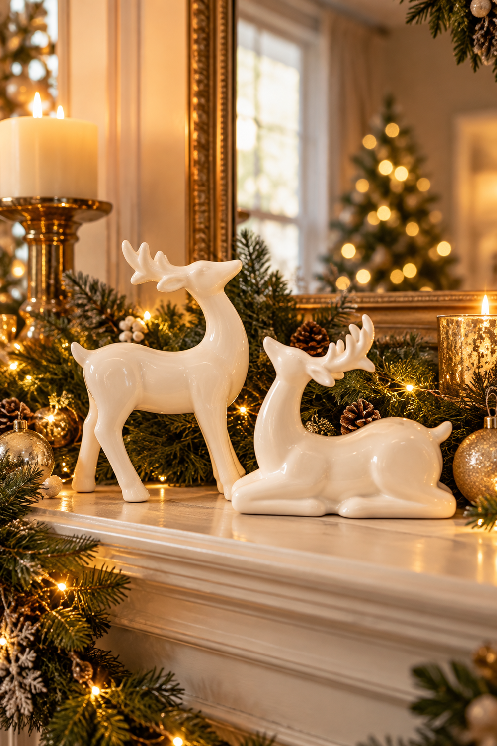 Vertical lifestyle photo of two glossy white reindeer figurines arranged on a cream fireplace mantel for Christmas, with one deer standing and the other resting in front of layered evergreen garland. Warm white string lights, pinecones, gold ornaments, pillar candles, and a gold-framed mirror create an elegant neutral holiday scene. A softly blurred lit Christmas tree glows in the background, while greenery drapes over the mantel edge in the foreground.