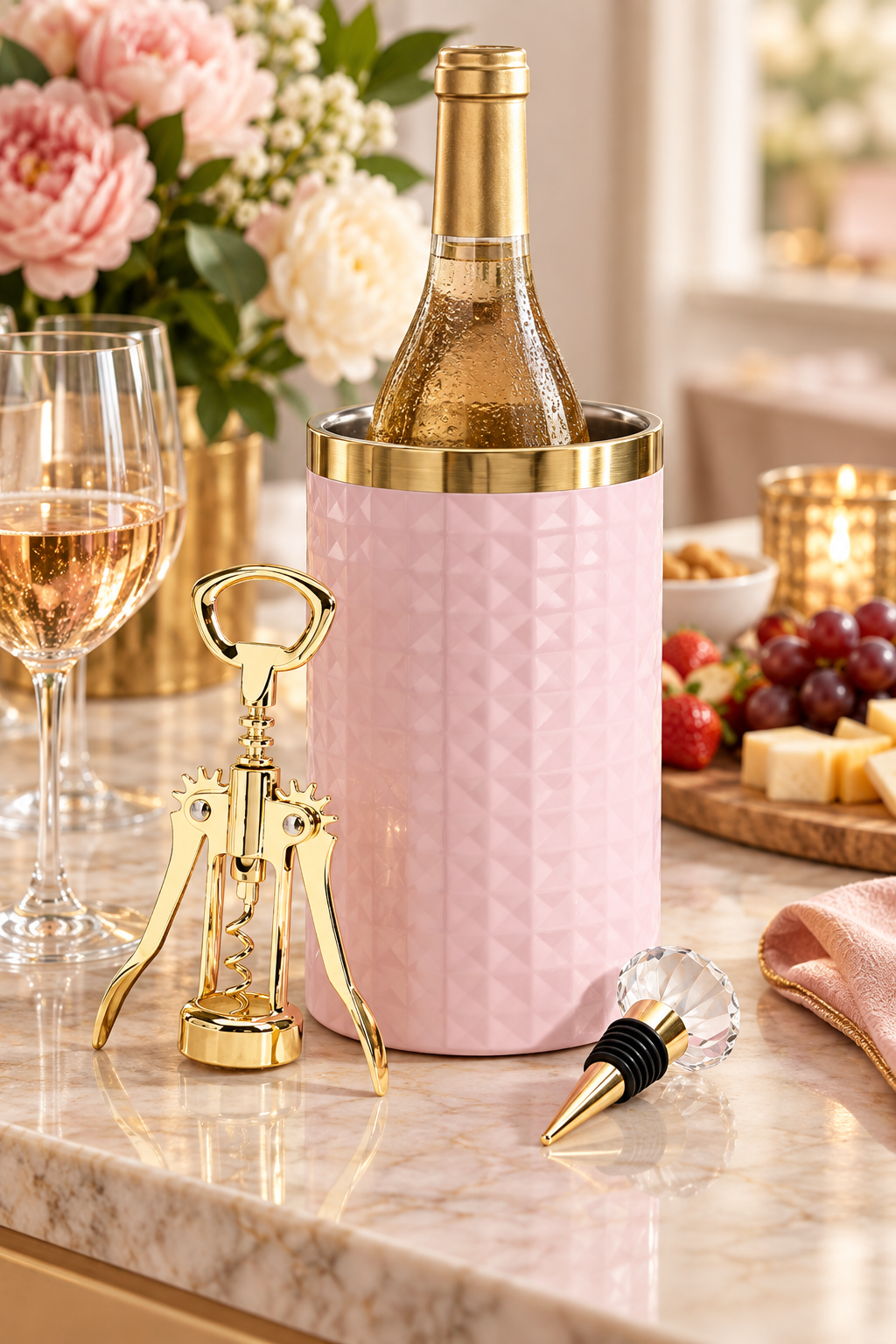 A blush-pink wine bottle chiller with a faceted geometric surface and polished gold rim sits on a marble counter holding a chilled bottle. A gold winged corkscrew stands beside it, and a clear diamond-shaped bottle stopper with a gold tip rests in front. Two stemmed wine glasses, pink and cream flowers, candles, grapes, strawberries, cheese, and a folded blush napkin create a warm, elegant home entertaining scene with soft natural light and shallow depth of field.