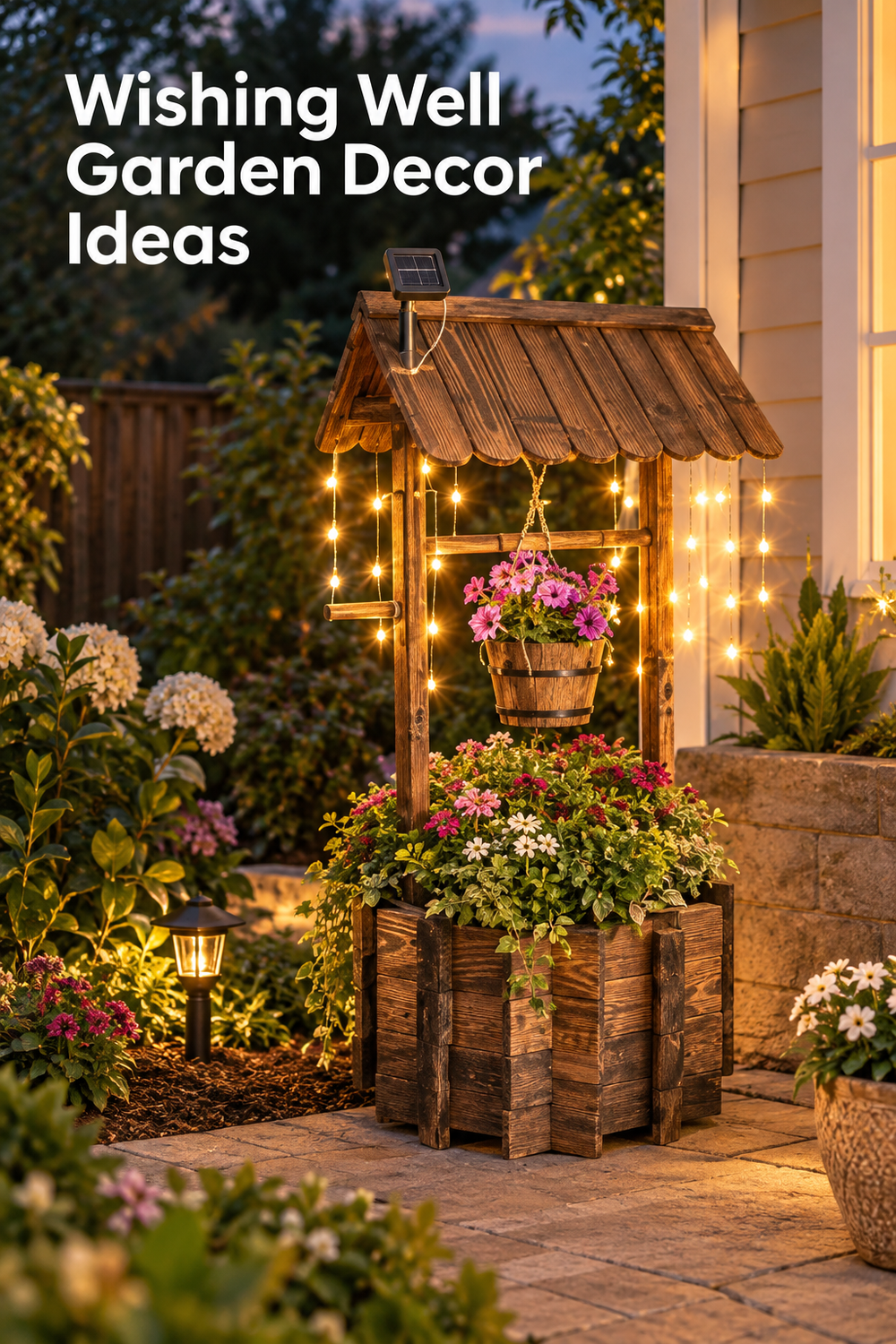 Vertical garden lifestyle image showing a rustic wooden wishing well planter beside a home at dusk. The well has a shingled roof, a small panel mounted near the roofline, warm string lights, a hanging wooden bucket filled with pink flowers, and a large base planter overflowing with mixed blooms and greenery. Stone pavers, shrubs, white flowers, and a small path light surround it. White headline text at the upper left reads “Wishing Well Garden Decor Ideas.”