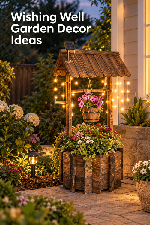 Vertical garden lifestyle image showing a rustic wooden wishing well planter beside a home at dusk. The well has a shingled roof, a small panel mounted near the roofline, warm string lights, a hanging wooden bucket filled with pink flowers, and a large base planter overflowing with mixed blooms and greenery. Stone pavers, shrubs, white flowers, and a small path light surround it. White headline text at the upper left reads “Wishing Well Garden Decor Ideas.”