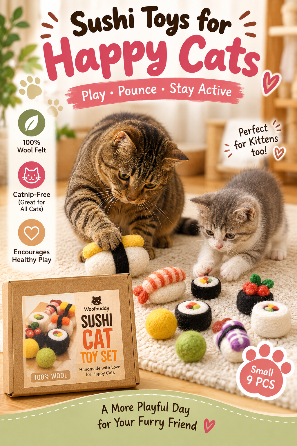 Cats playing with colorful wool felt sushi toys in a cozy room, with headline Sushi Toys for Happy Cats.