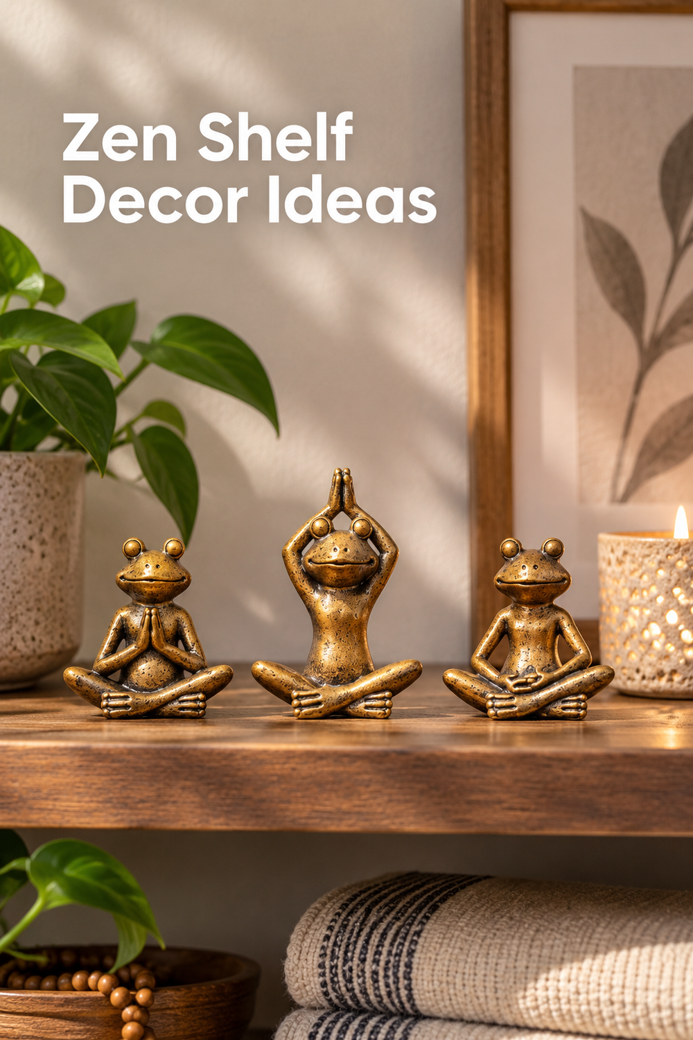 Vertical lifestyle image showing three small antique-bronze frog figurines arranged on a warm wooden shelf in cross-legged yoga poses. The left frog holds its palms together at chest level, the center frog raises joined hands overhead, and the right frog rests its hands in its lap. A leafy plant, candle, framed botanical print, woven textiles, and wooden bowl create a calm home setting. White headline at upper left clearly reads “Zen Shelf Decor Ideas.”